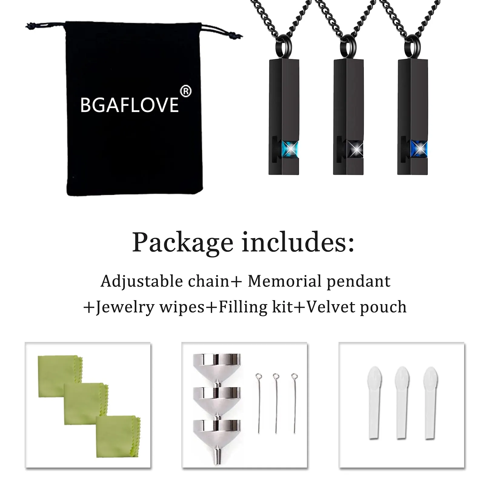BGAFLOVE 3 Pcs Crystal Black Cremation Jewelry for Ashes Silver Urn Necklace for Ashes, Birthstone Cube Urns Memorial Ashes Necklace Pendant Keepsake, Cremation Urn Jewelry Bar Pendant with CZ