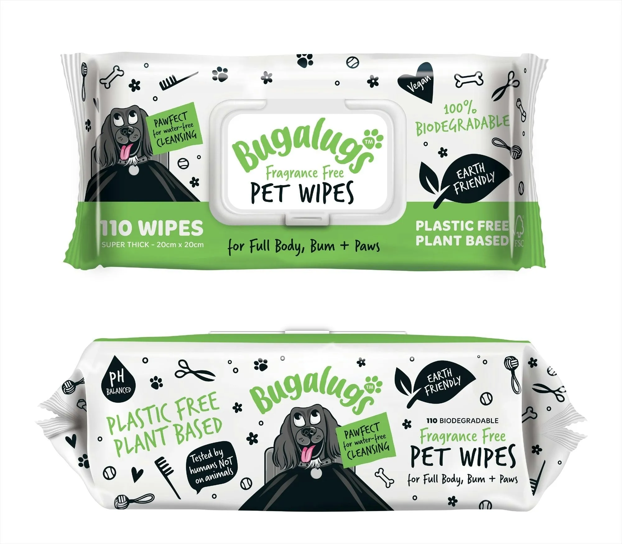 Bugalugs Bio Pet Wipes (110 Large) Fragrance Free - Pack of 6