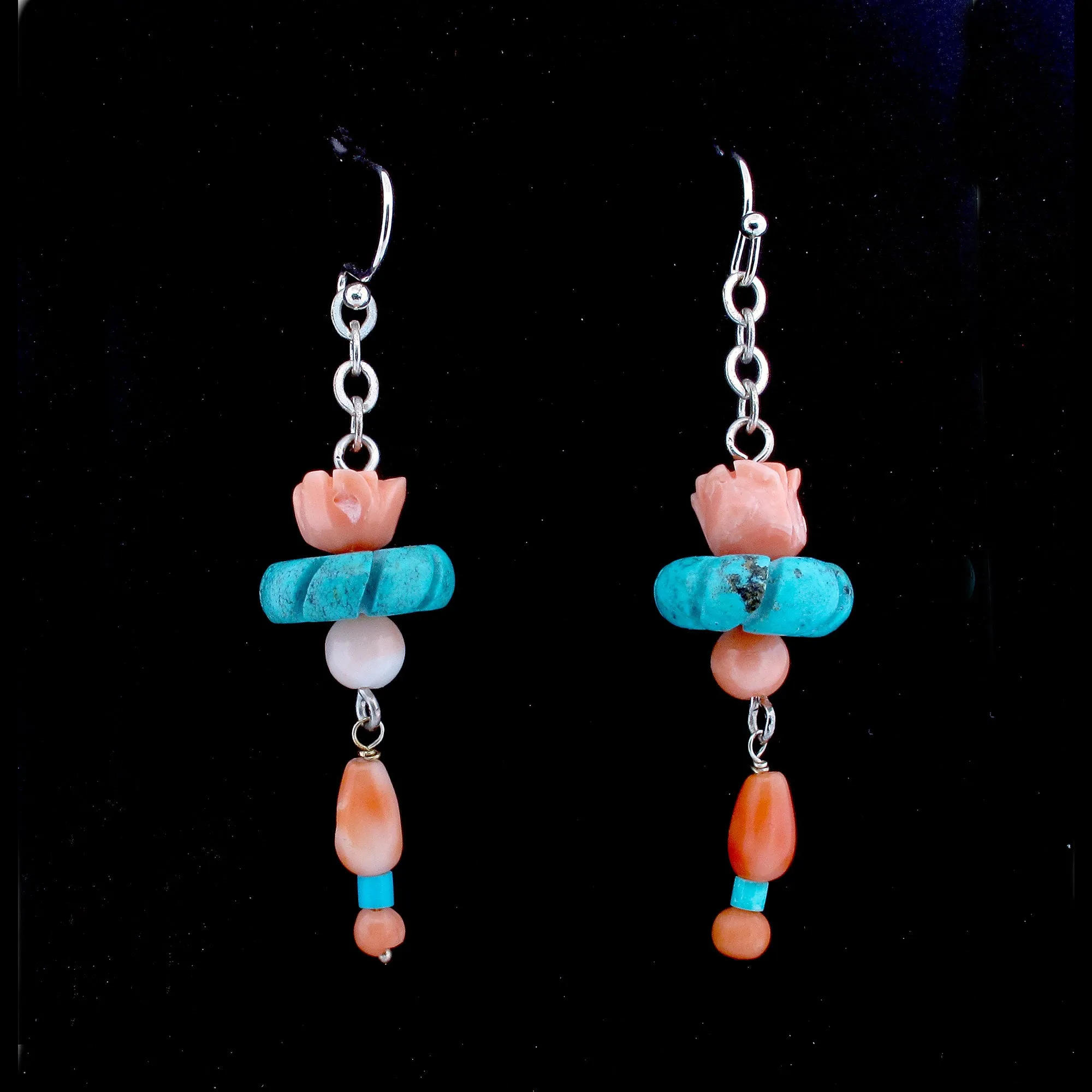 Carved Flower Pagoda Earrings with coral & turquoise. j-erbd186