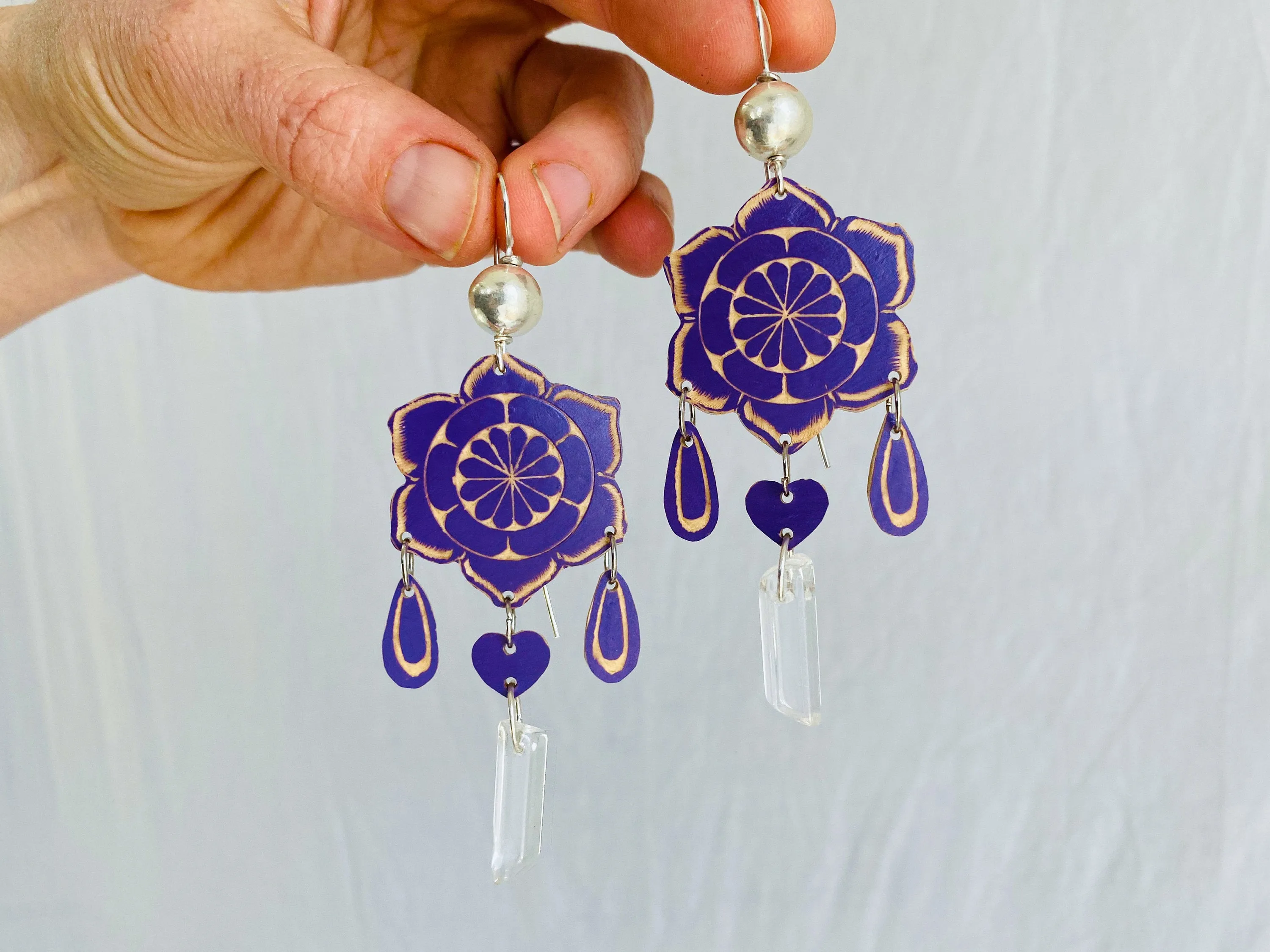 Carved Gourd Earrings. Silver & Quartz Crystal. Oaxaca, Mexico.