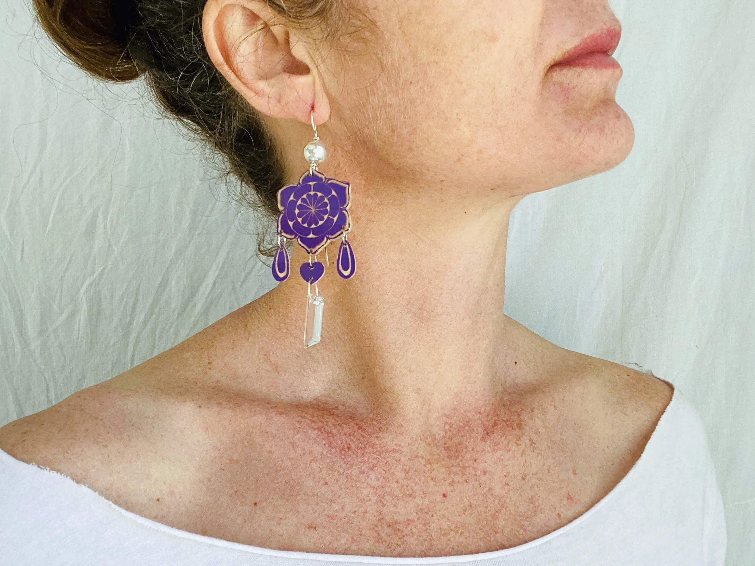 Carved Gourd Earrings. Silver & Quartz Crystal. Oaxaca, Mexico.