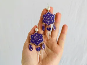 Carved Gourd Earrings. Silver & Quartz Crystal. Oaxaca, Mexico.