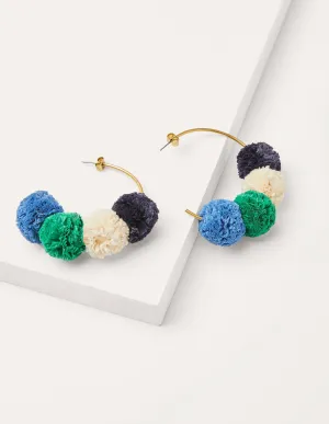 Raffia Pompom Hoops-Blue Multi