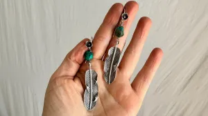 Silver Feather & Turquoise Earrings. Sterling Silver. 0985