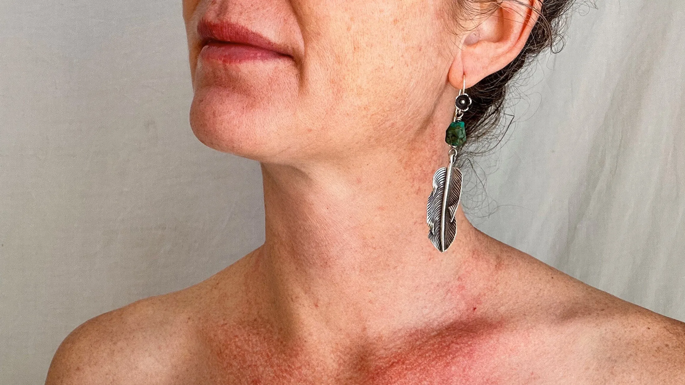 Silver Feather & Turquoise Earrings. Sterling Silver. 0985