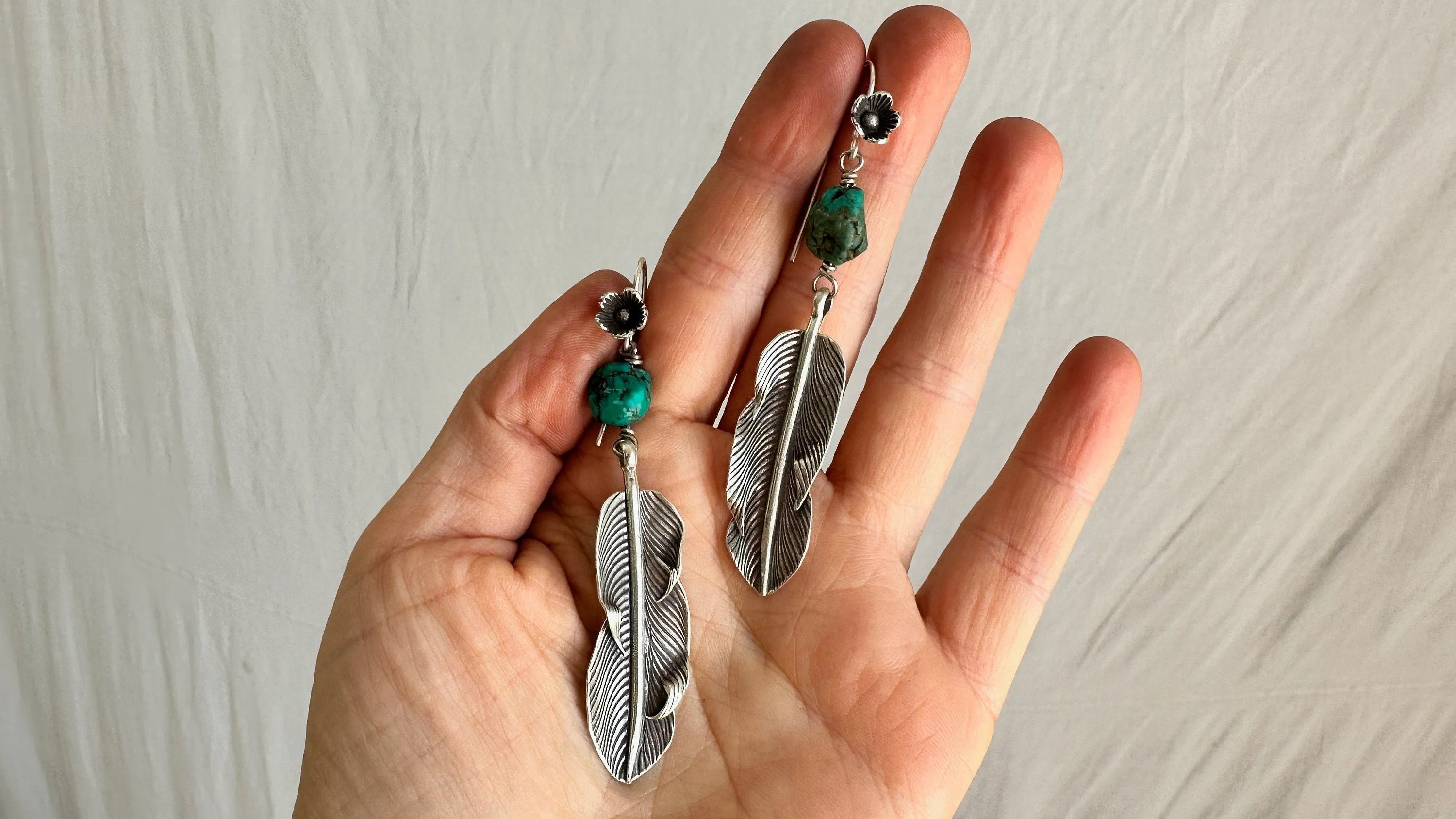 Silver Feather & Turquoise Earrings. Sterling Silver. 0985
