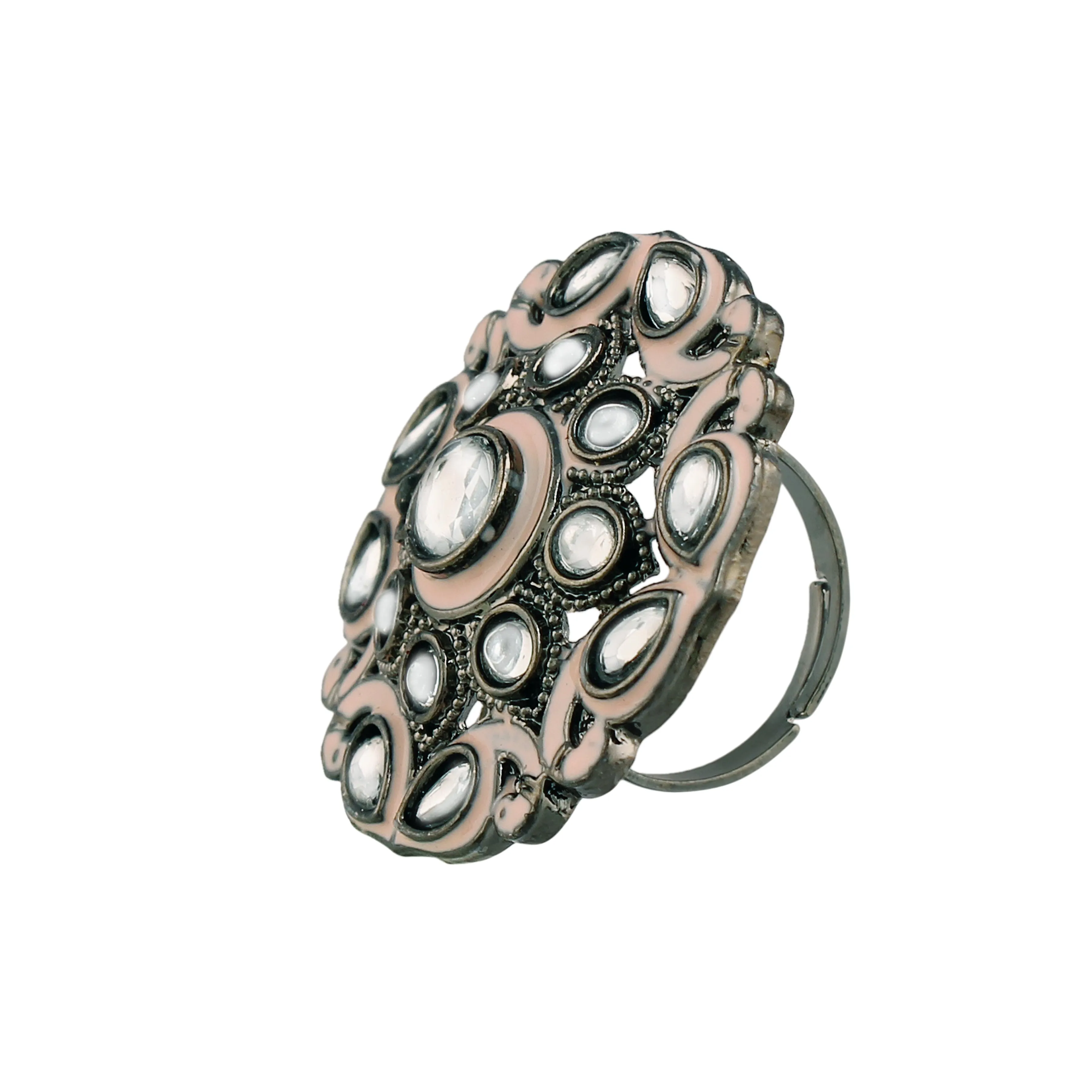 Silver Oxidized Kundan Studded Meenakari Work Adjustable Finger Ring for Women
