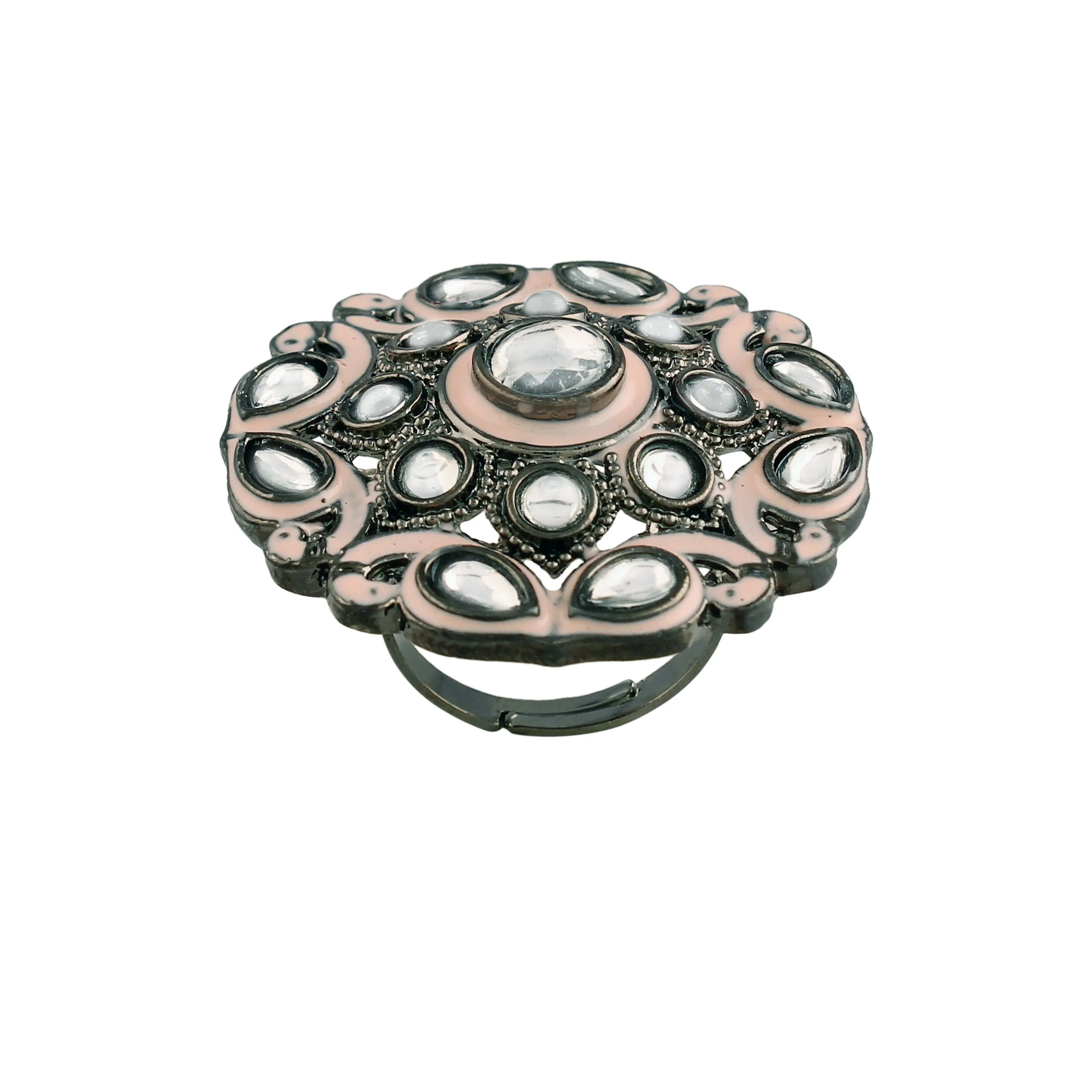 Silver Oxidized Kundan Studded Meenakari Work Adjustable Finger Ring for Women