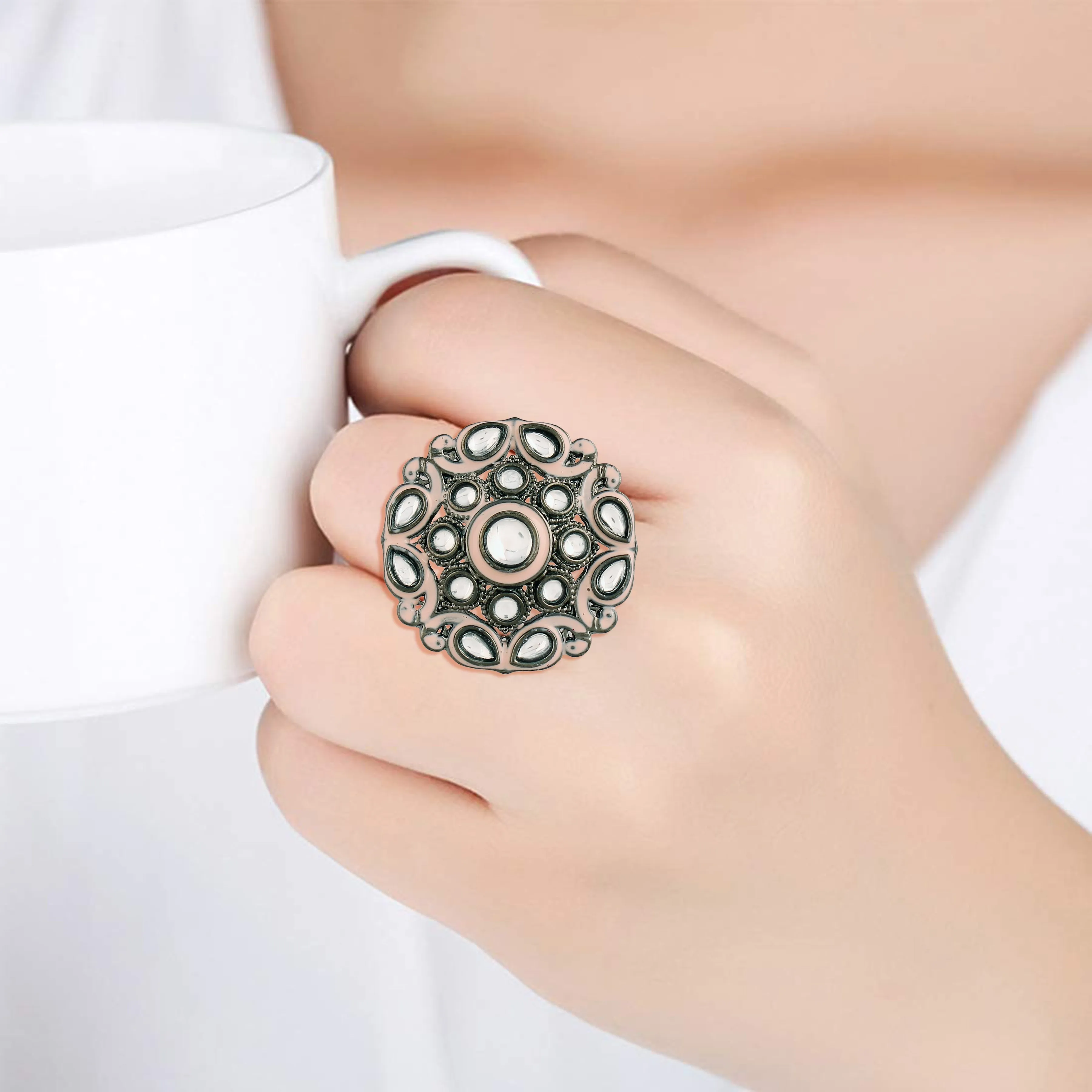 Silver Oxidized Kundan Studded Meenakari Work Adjustable Finger Ring for Women