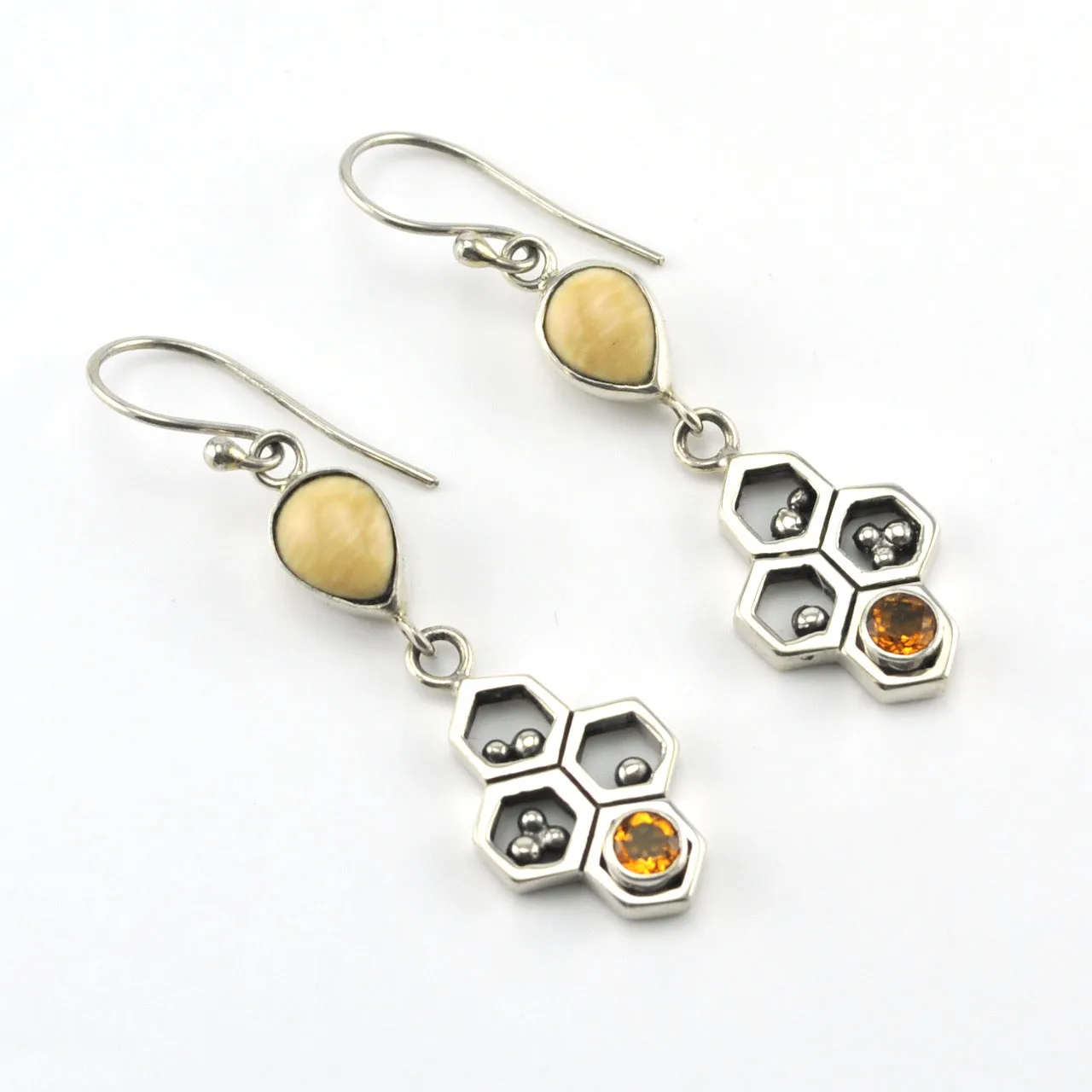 Sterling Silver Honeycomb Citrine Walrus Ivory Earrings