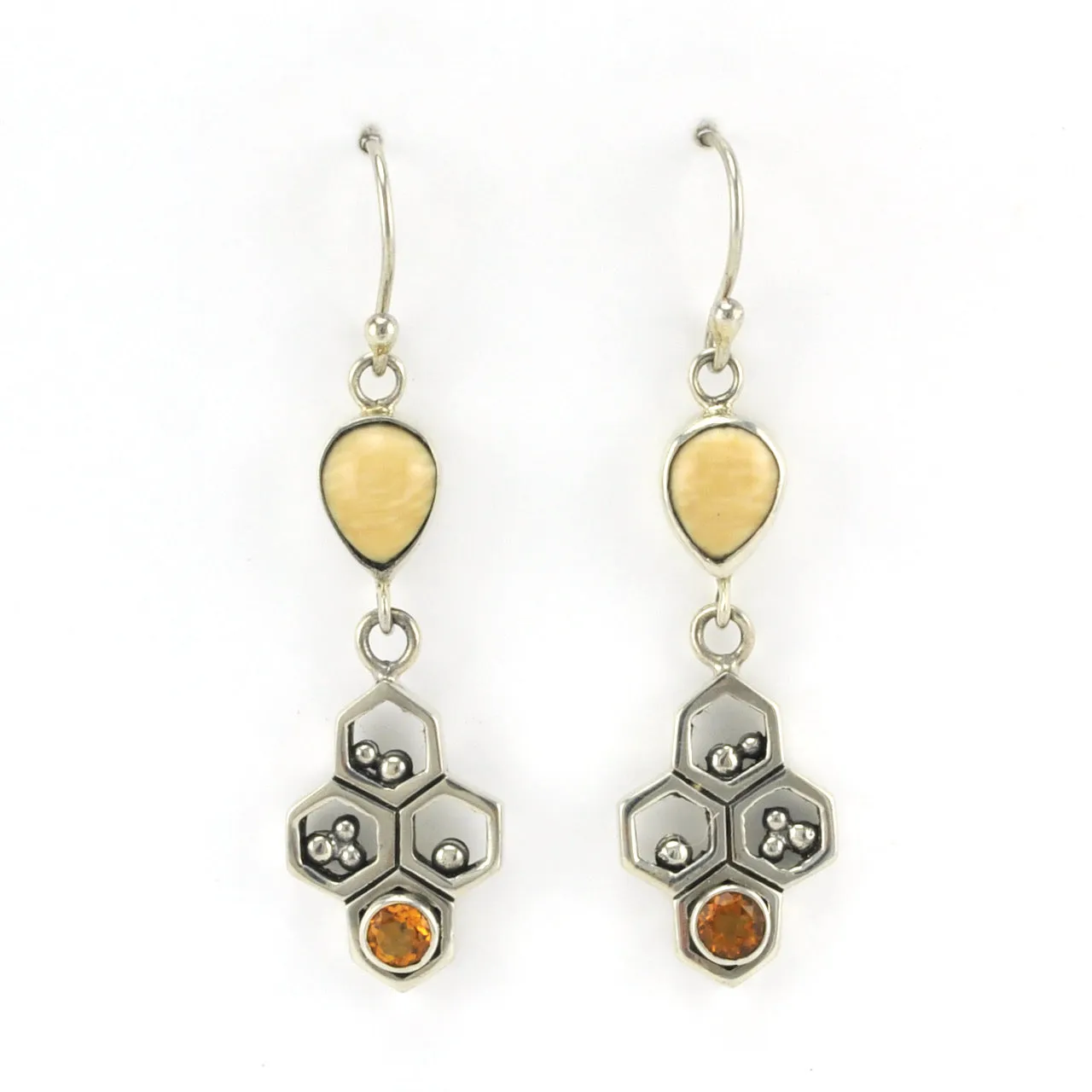Sterling Silver Honeycomb Citrine Walrus Ivory Earrings