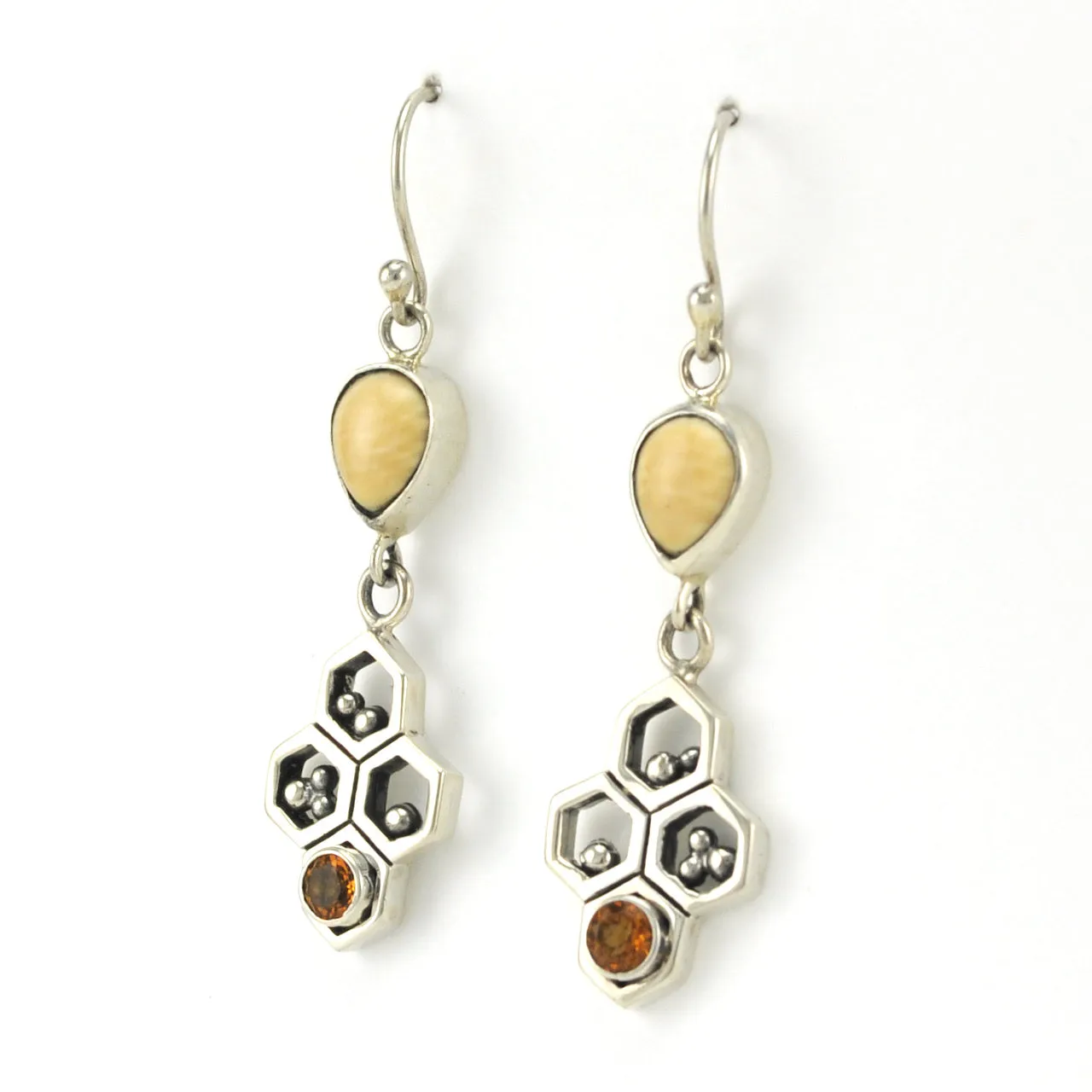 Sterling Silver Honeycomb Citrine Walrus Ivory Earrings